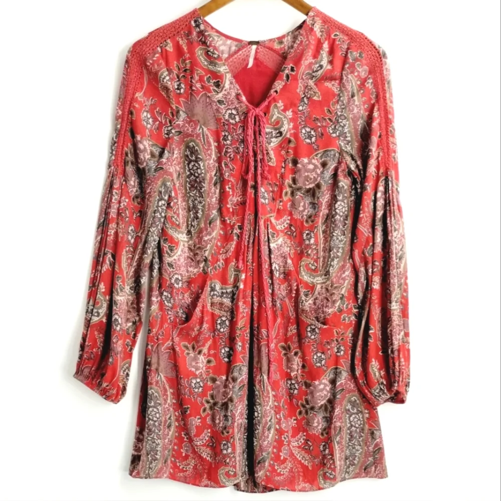 Free‎ People Red Rain or Shine Paisley Tunic Top